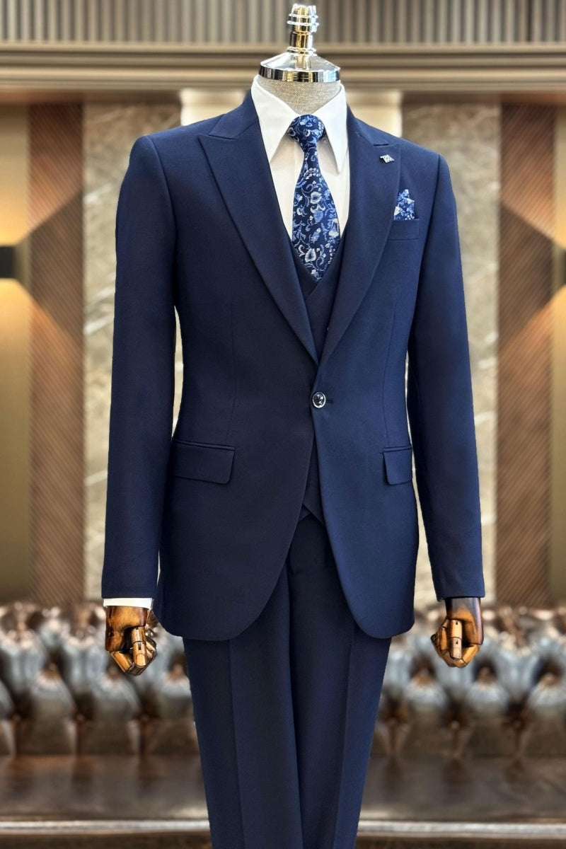 Modern Navy Blue 3 Pieces Business Men Suits With Waistcoat