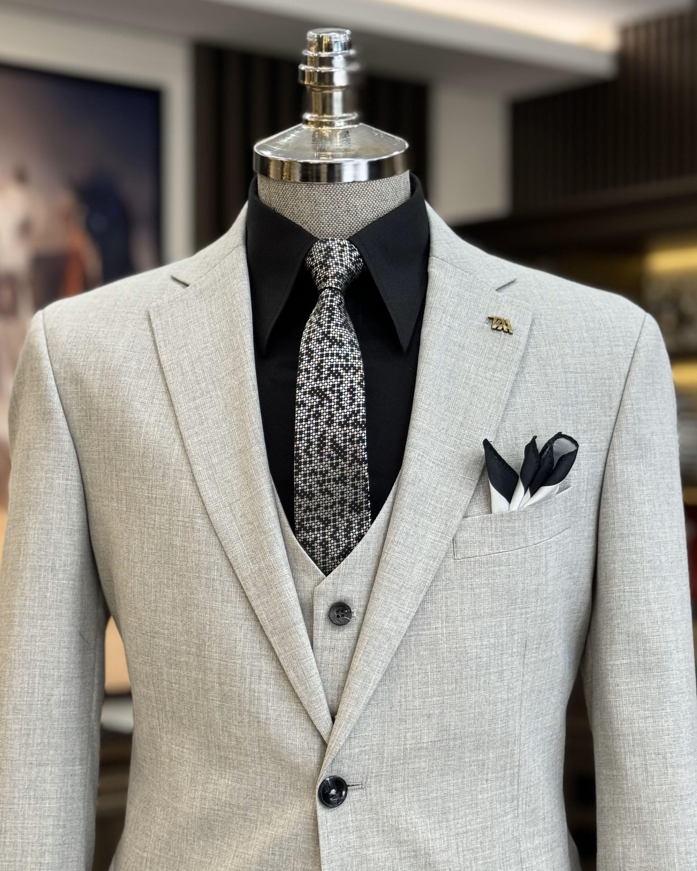 Slim Fit Light Gray Fancy 3 Pieces Notch Lapel Business Men Suits