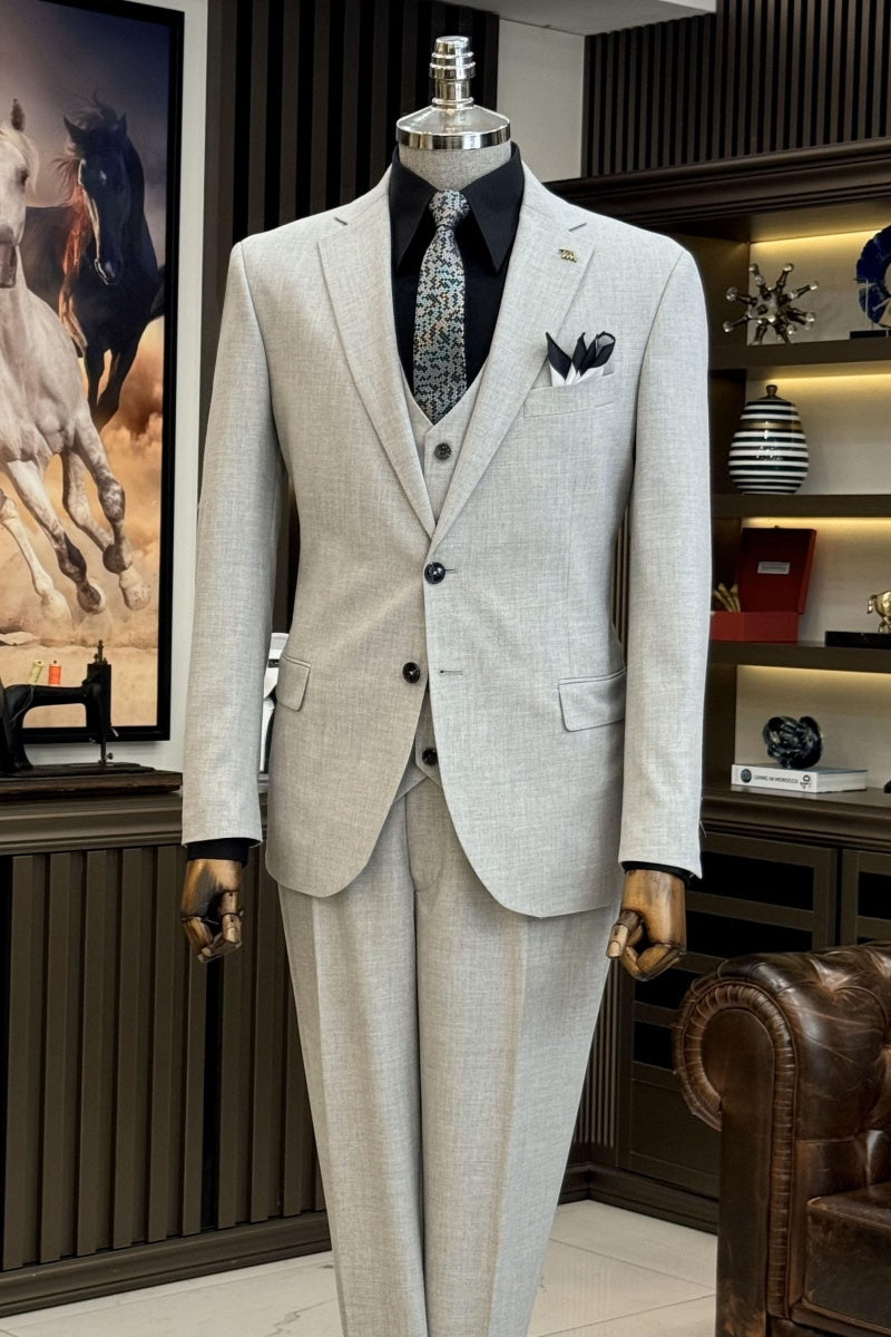 Slim Fit Light Gray Fancy 3 Pieces Notch Lapel Business Men Suits