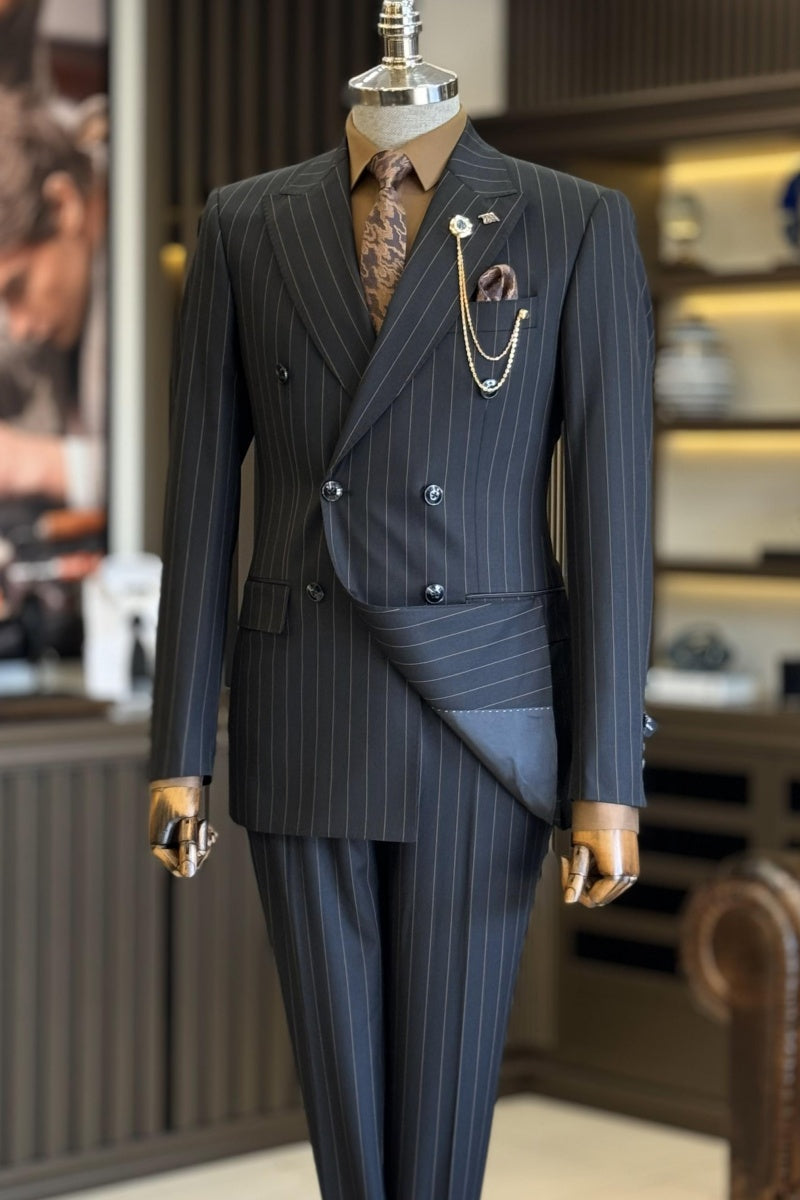 Classic Black Double Breasted Striped Business Suits