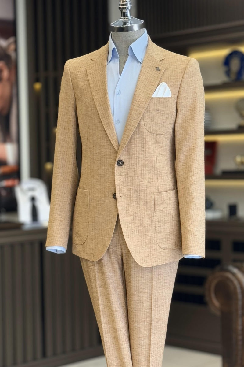 Fashion Khaki Striped Notch Lapel Business Men Suits