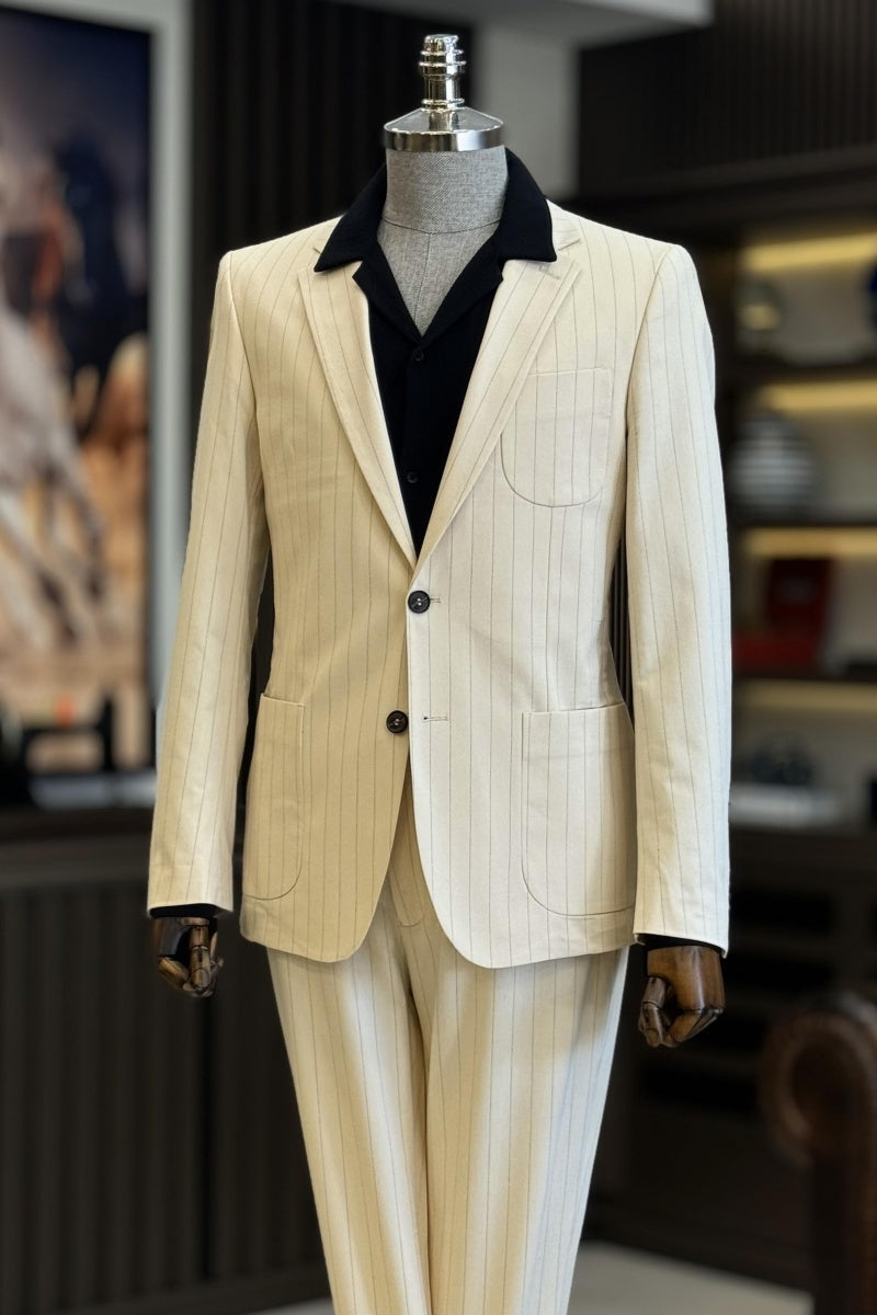 Newest Beige Pinstriped Notch Lapel Business Suits