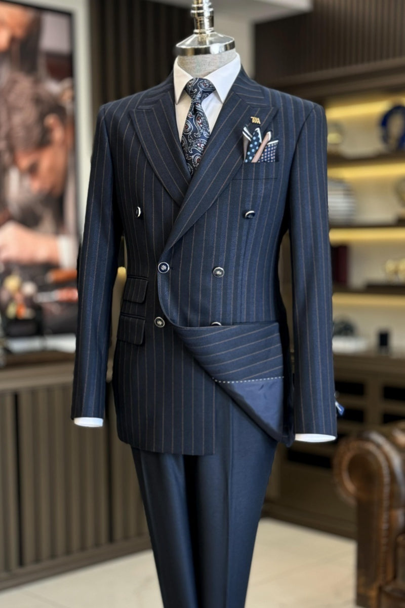Stylish Dark Navy Double Breasted Striped Business Suits