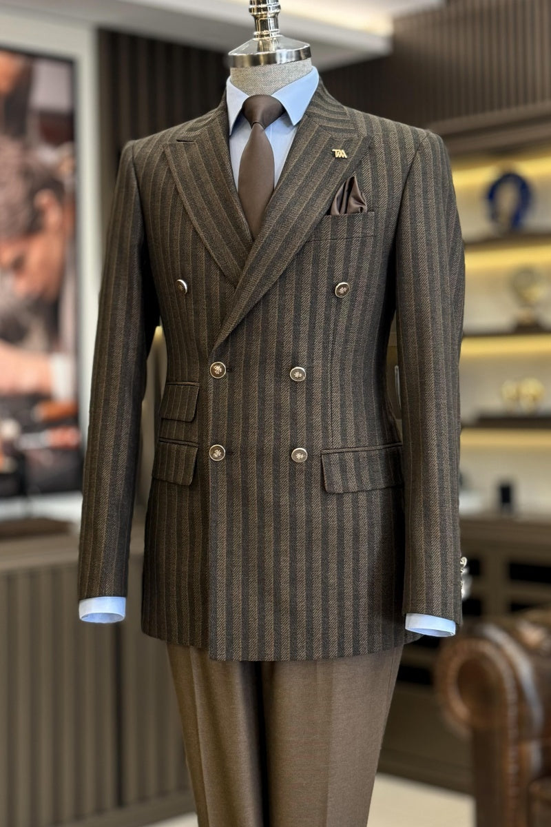 Fancy Chocolate Double Breasted Pinstriped Business Suits