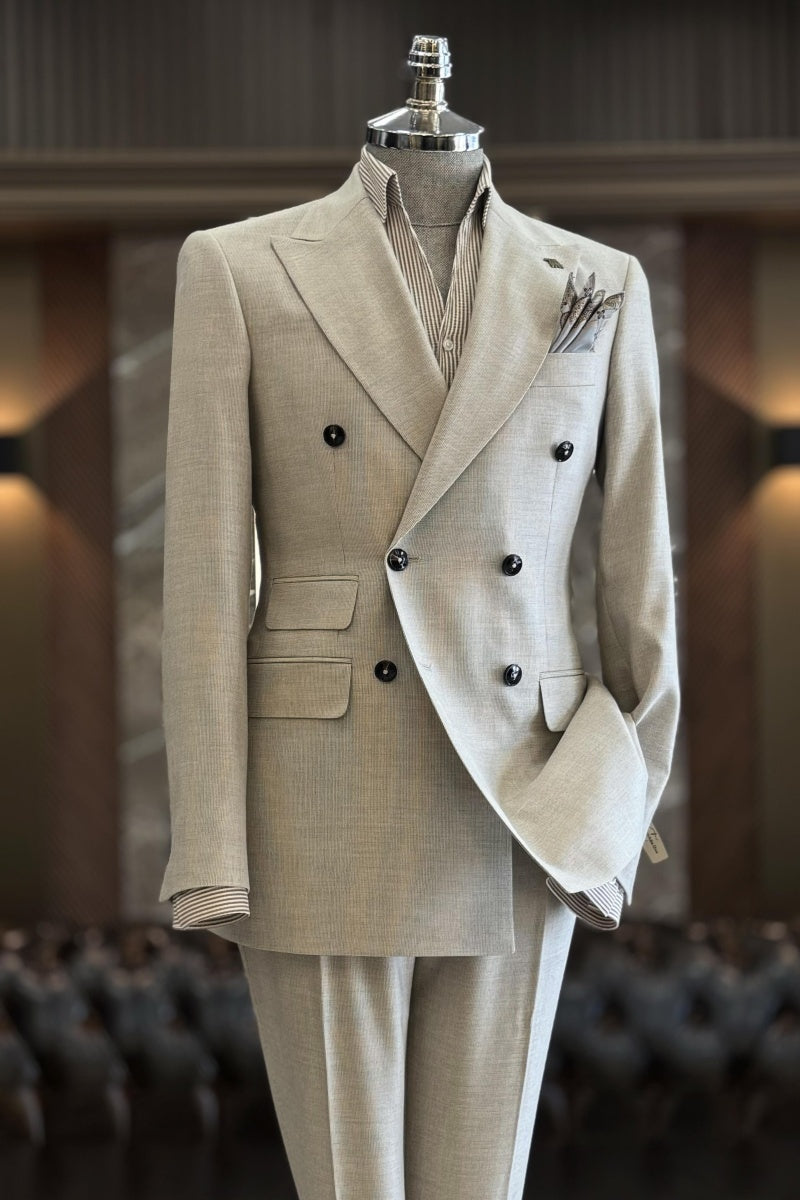 Fashion Beige Double Breasted Slim Fit Business Suits