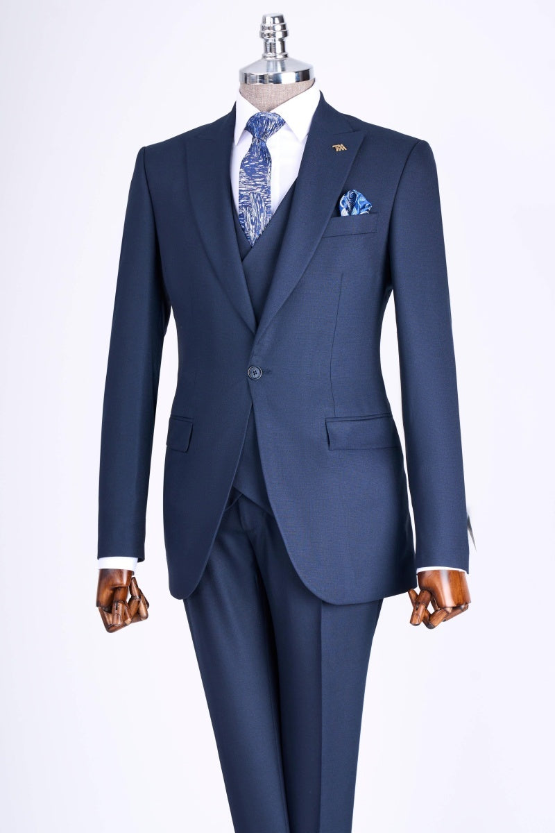 Slim Fit Navy Blue 3 Pieces Business Suits With Waistcoat