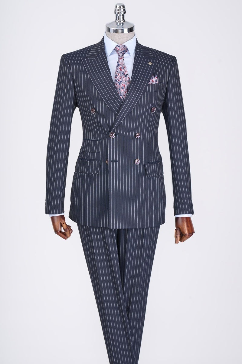 Stylish Navy Blue Pinstriped Double Breasted Business Suits