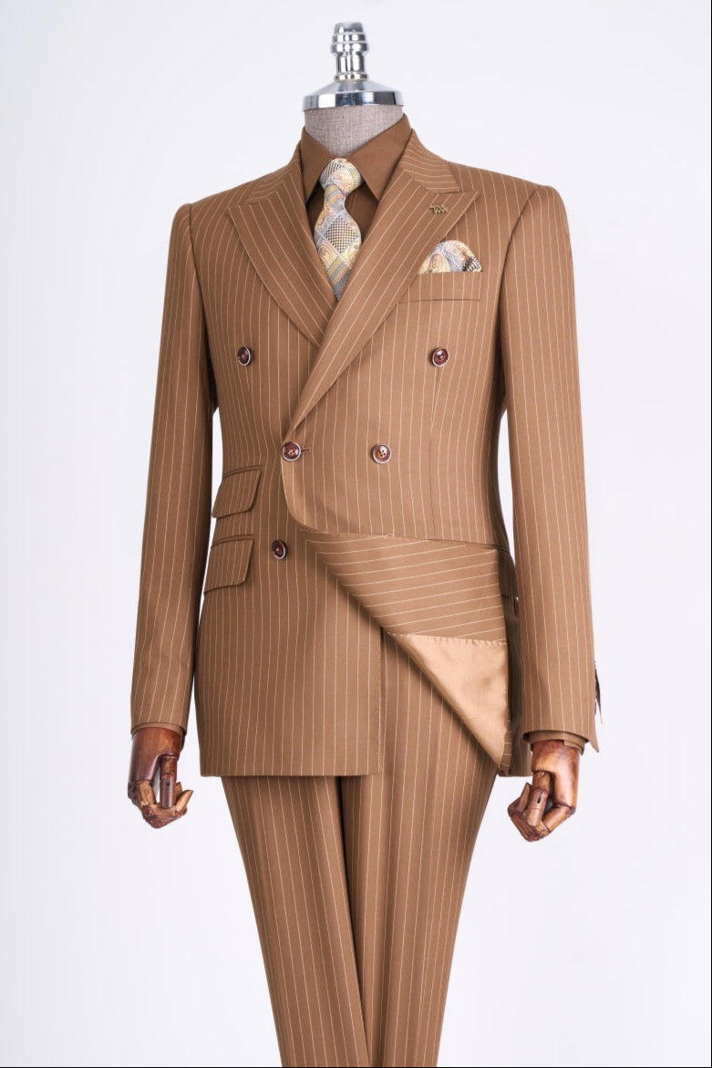 Chic Light Brown Double Breasted Striped Men's Business Suits