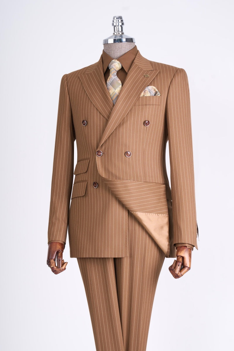 Chic Light Brown Double Breasted Striped Men's Business Suits