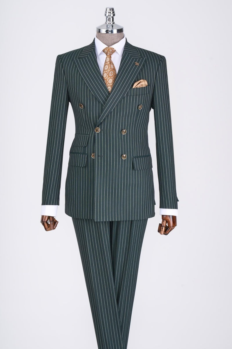 Glamorous Olive Green Double Breasted Pinstriped Business Suits