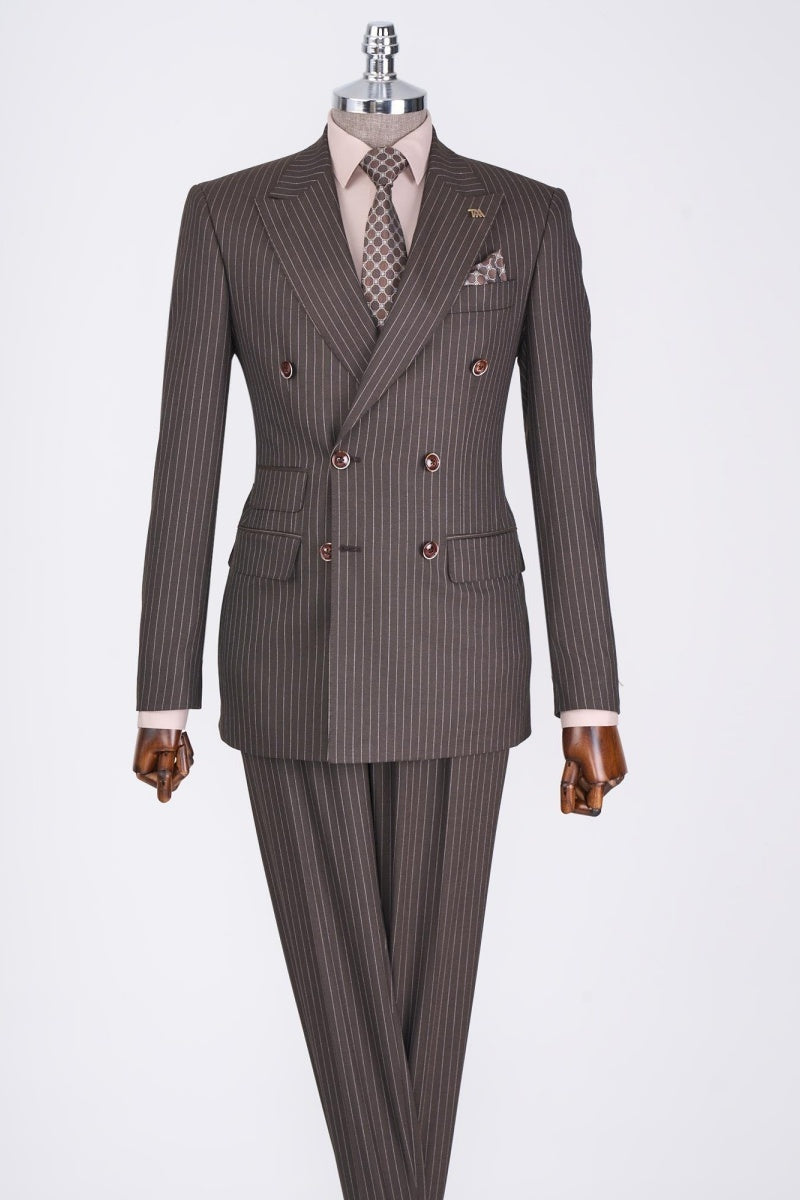 Chic Coffee Striped Double Breasted Close Fitting Business Suits