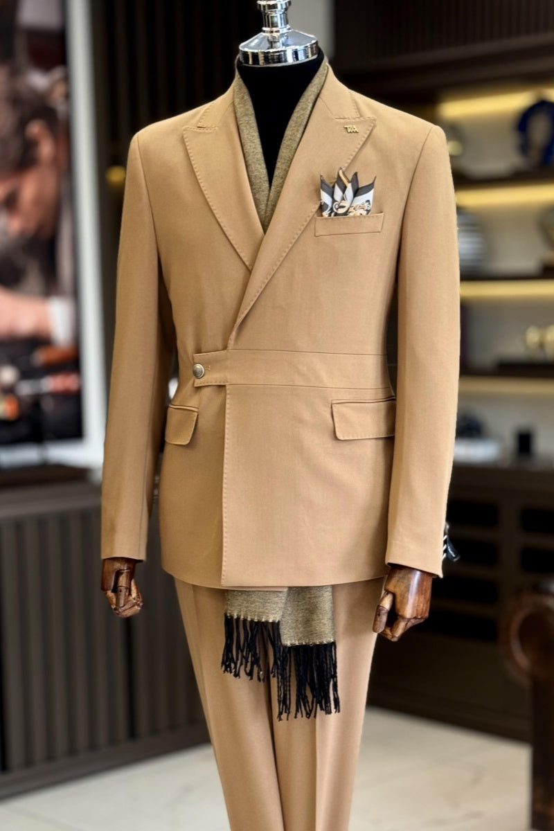 Stylish Khaki Peaked Lapel Slim Fit Prom Suits With One Button