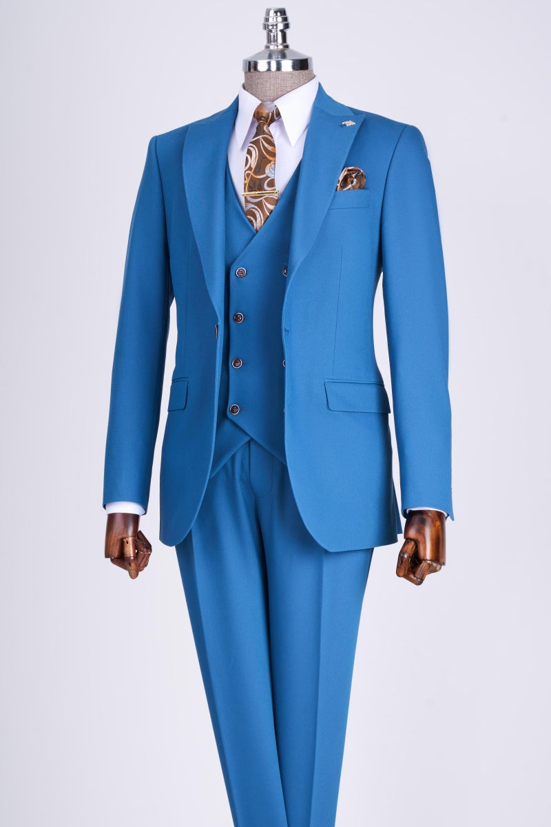 Slim Fit Light Blue 3 Pieces Peaked Lapel Prom Suits