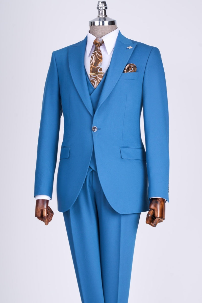 Slim Fit Light Blue 3 Pieces Peaked Lapel Prom Suits