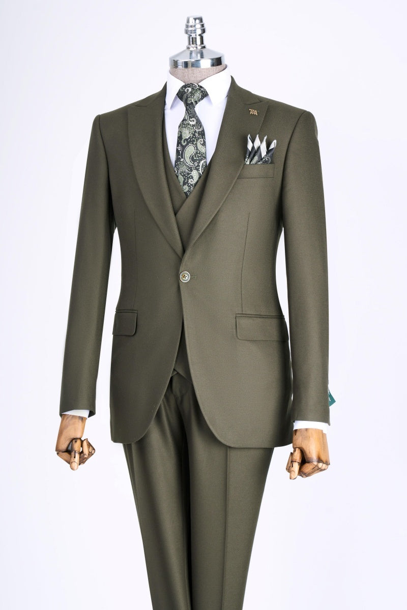 Stylish Olive Green 3 Pieces Peaked Lapel Business Suits