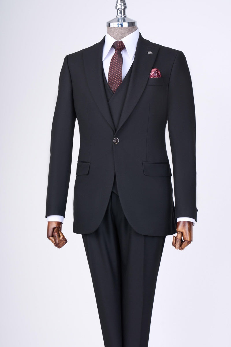 Slim Fit Classic Black 3 Pieces Business Suits With Vest