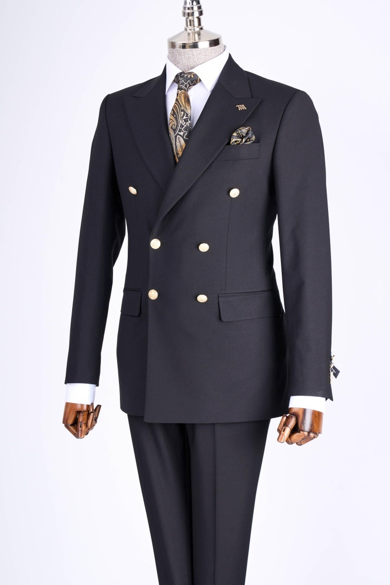 Classic Black Double Breasted Business Suits With Metal Button