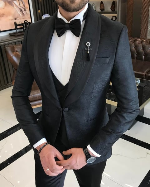 Modern Black 3 Pieces Jacquard Shawl Lapel Men's Wedding Suits