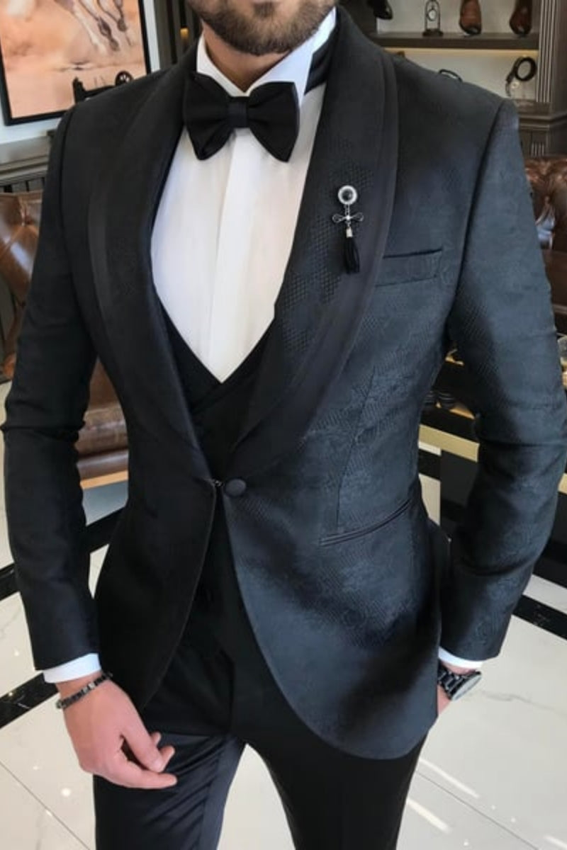 Modern Black 3 Pieces Jacquard Shawl Lapel Men's Wedding Suits