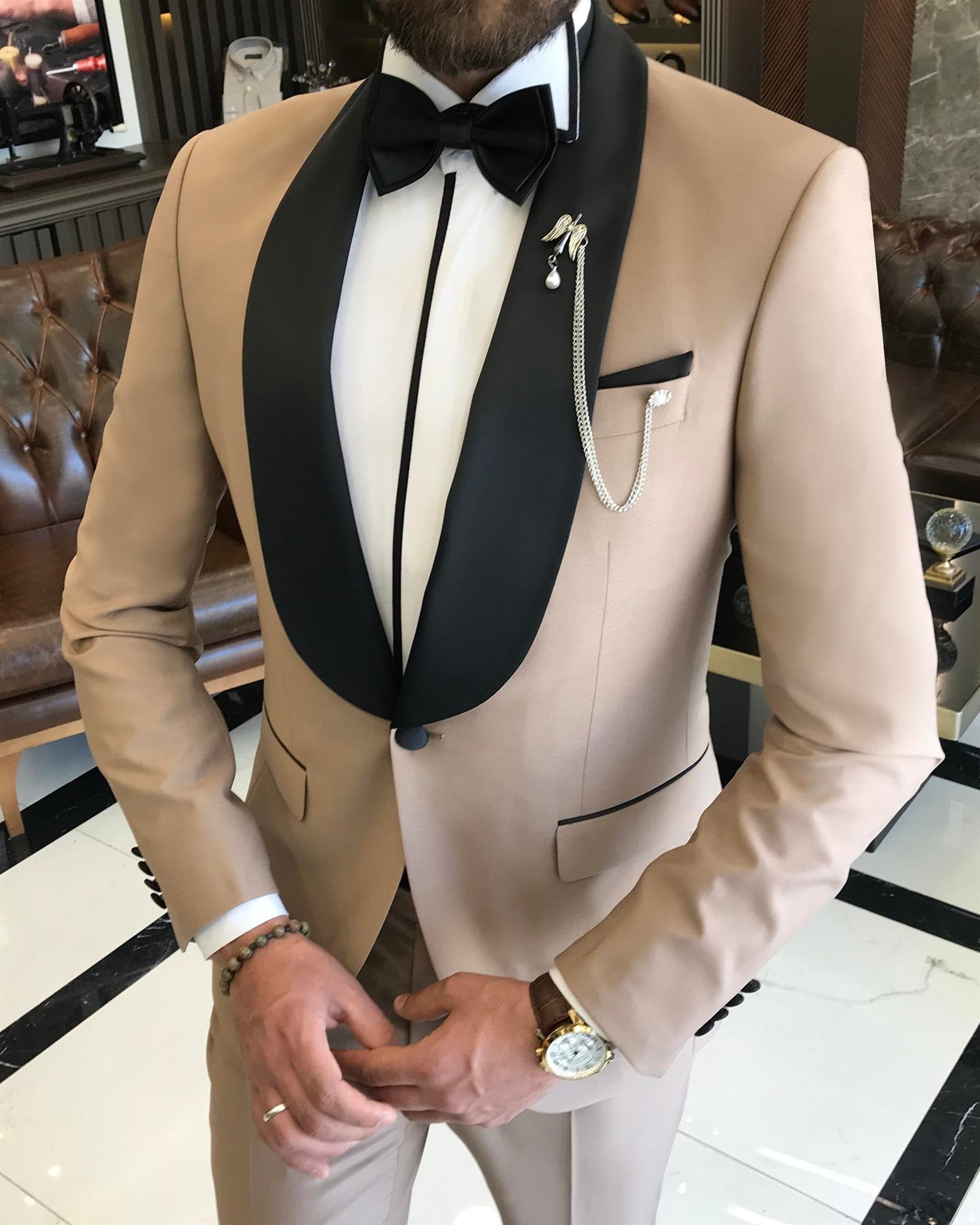 Newest Light Camel Bespoke Shawl Lapel Wedding Suits