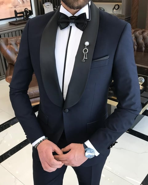 Best Fitted Dark Navy Shawl Lapel Slim Fit Wedding Suits