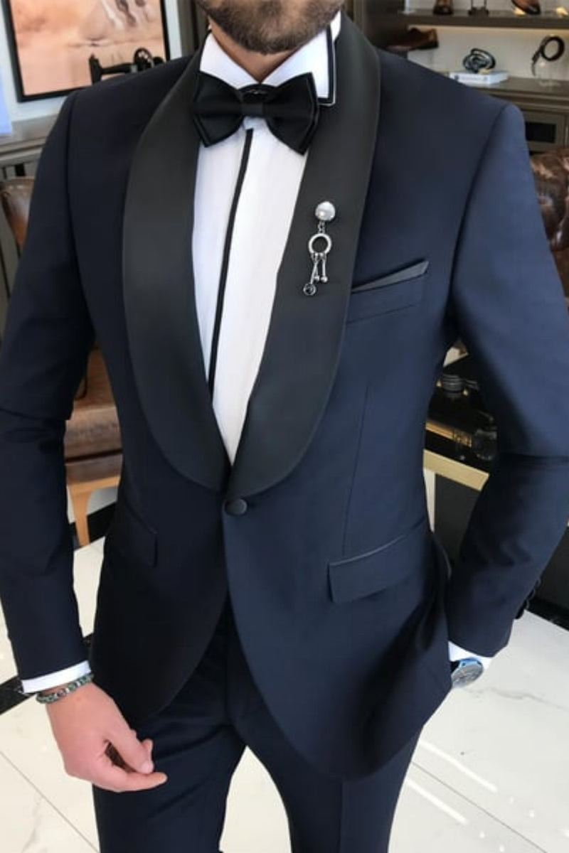 Best Fitted Dark Navy Shawl Lapel Slim Fit Wedding Suits