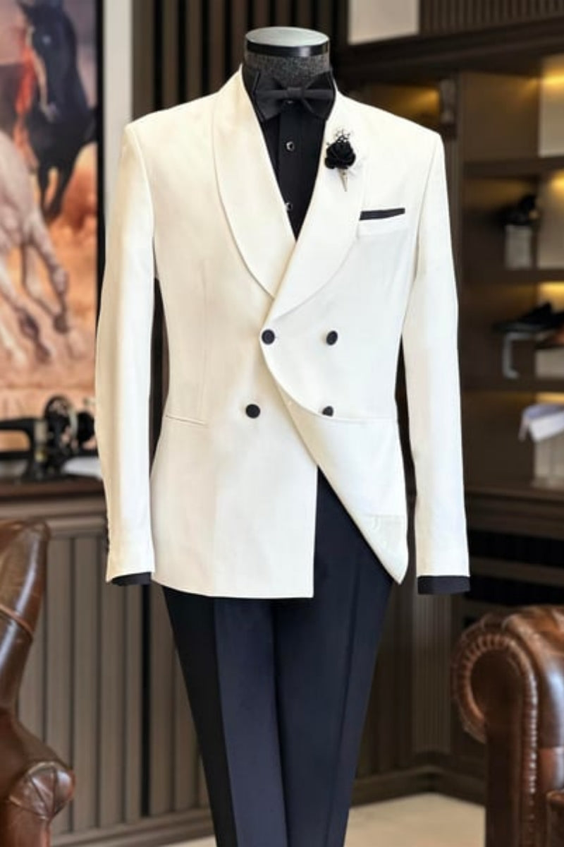 Modern White Double Breasted Shawl Lapel Wedding Suits