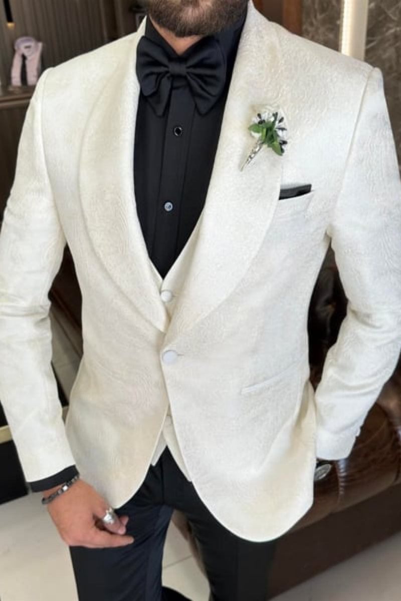 Bespoke White Jacquard Shawl Lapel 3 Piece Wedding Suits