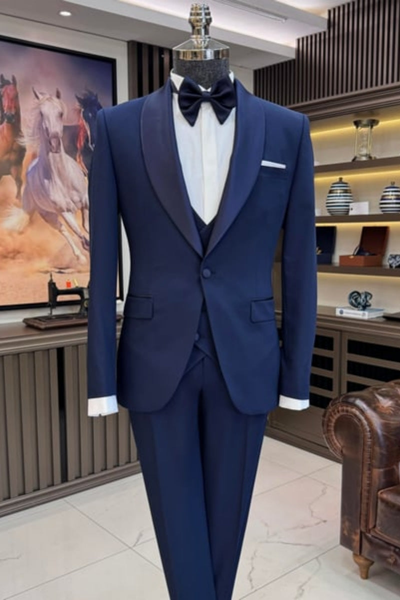 Dark Blue Newest Shawl Lapel Wedding Suits With Waistcoat