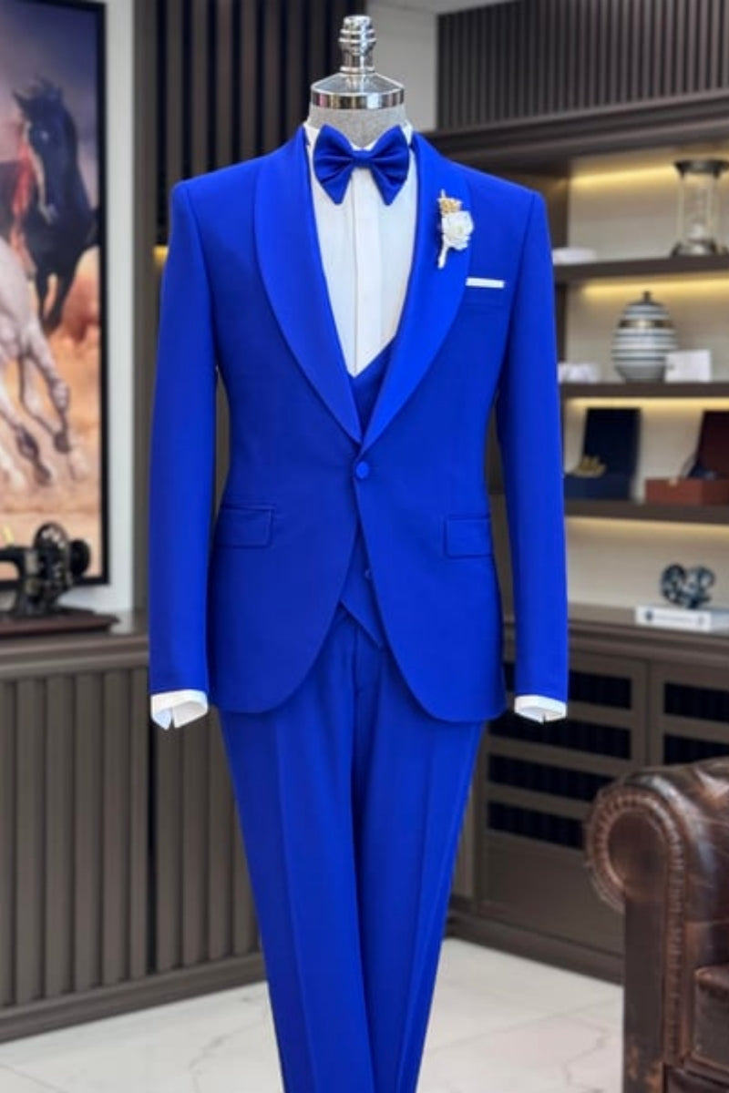 Gentle Royal Blue Shawl Lapel Wedding Suits With Waistcoat