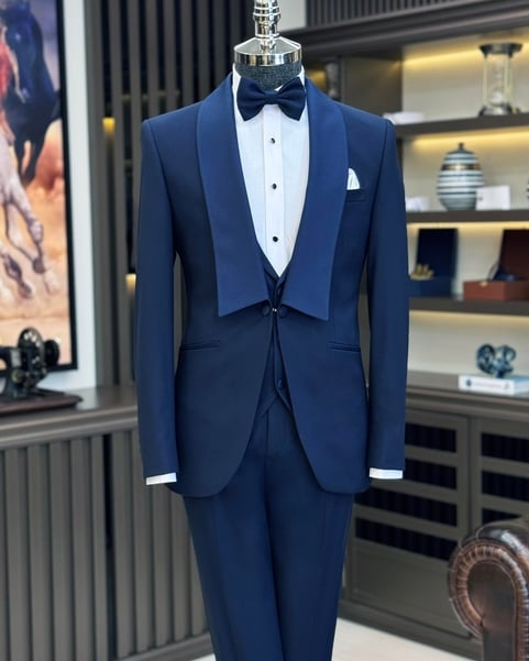 Dark Navy Slim Fit Shawl Lapel Wedding Suits With Waistcoat