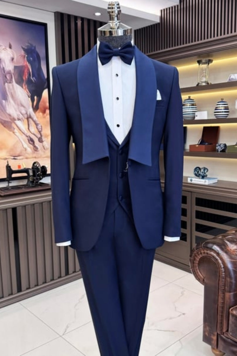 Dark Navy Slim Fit Shawl Lapel Wedding Suits With Waistcoat