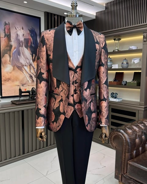 Classical Black Jacquard 3 Pieces Shawl Lapel Wedding Suits