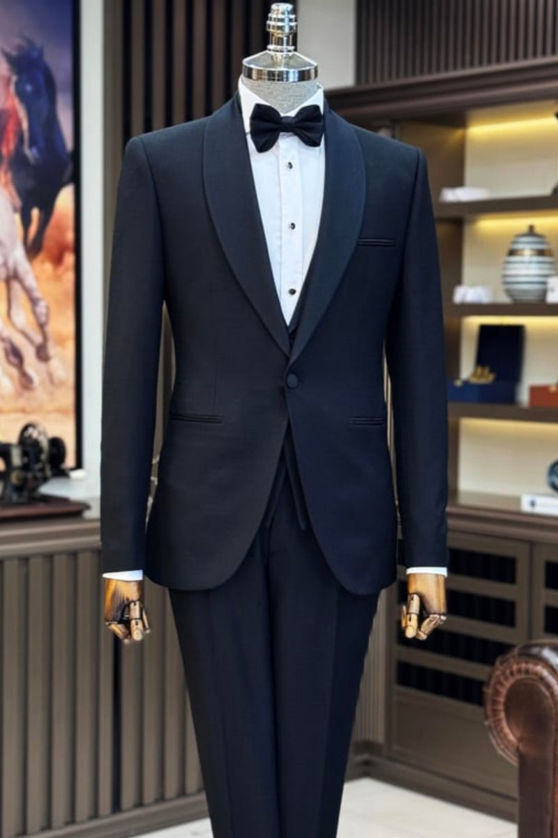 Gentle Black 3 Pieces Shawl Lapel Wedding Suits