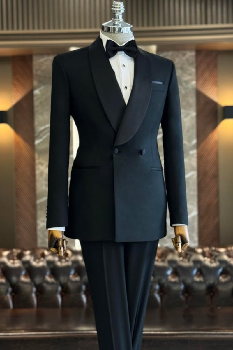 Trendy Black Bespoke Shawl Lapel Double Breasted Wedding Suits