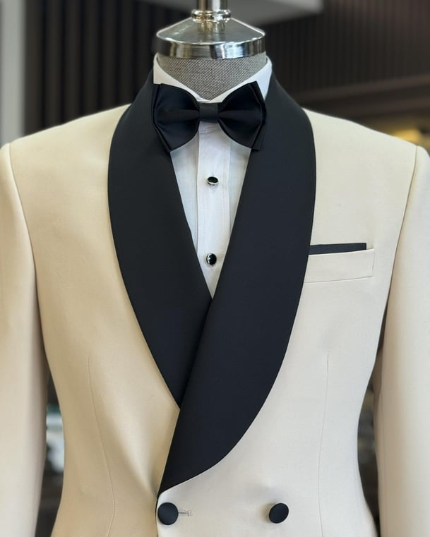 Fashion Beige Newest Shawl Lapel Double Breasted Wedding Suits