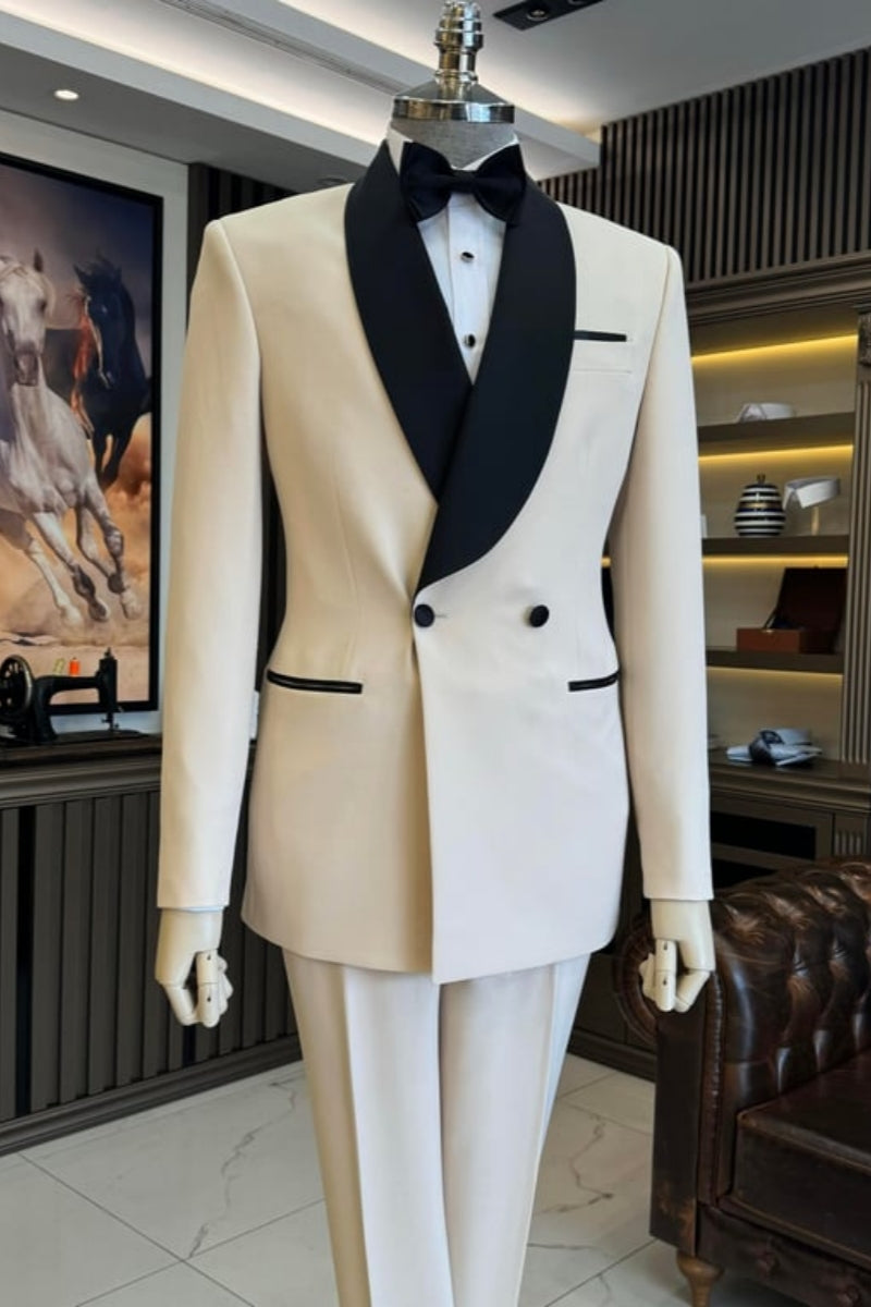 Fashion Beige Newest Shawl Lapel Double Breasted Wedding Suits