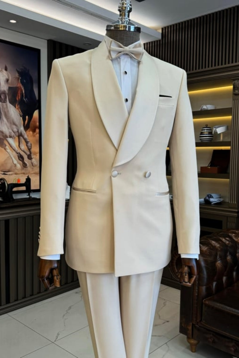 Stylish Beige Chic Shawl Lapel Double Breasted Wedding Suits