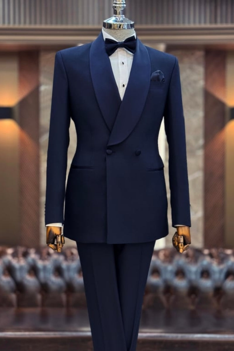 Dark Blue Fashion Shawl Lapel Double Breasted Wedding Suits