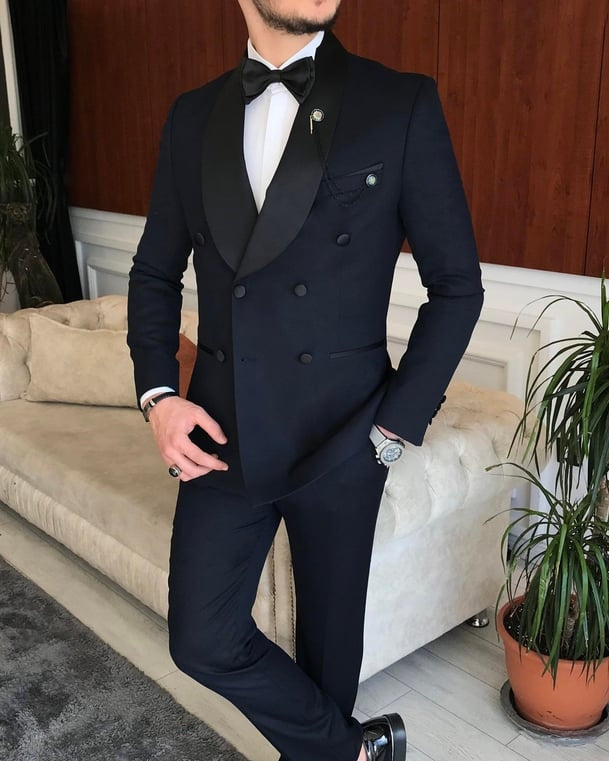 Modern Black Bespoke Double Breasted Shawl Lapel Wedding Suits