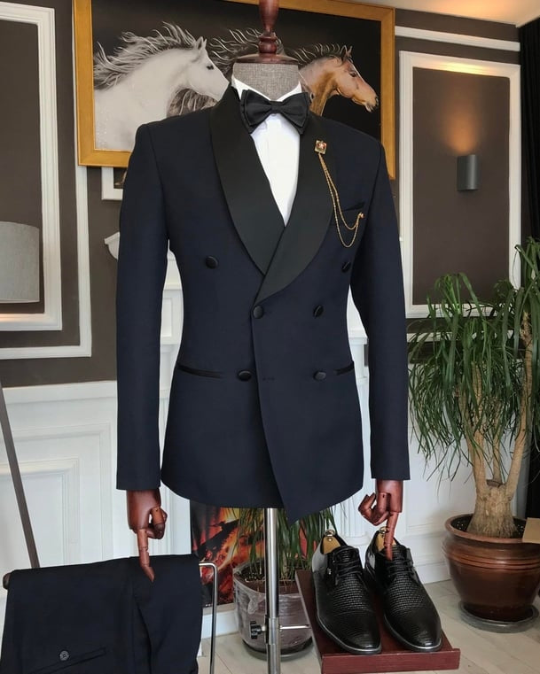Modern Black Bespoke Double Breasted Shawl Lapel Wedding Suits