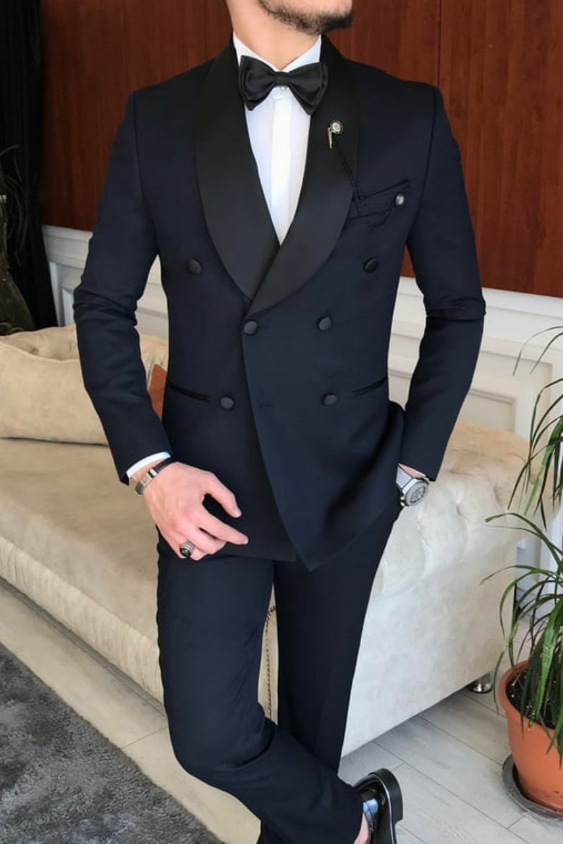 Modern Black Bespoke Double Breasted Shawl Lapel Wedding Suits
