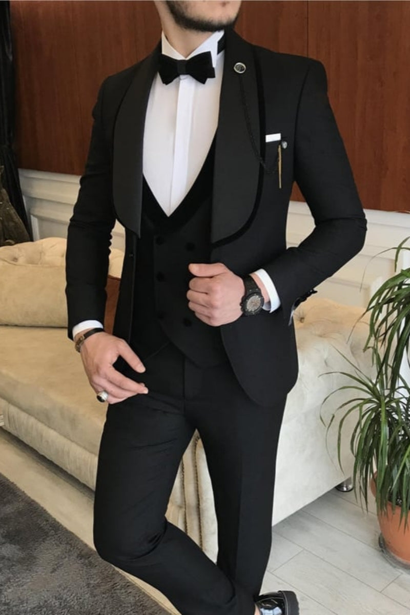 Gentle 3 Pieces Black Shawl Lapel Wedding Suits
