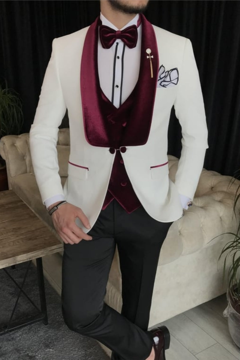 Chic 3 Pieces White Wedding Suits With Burgundy Velvet Shawl Lapel