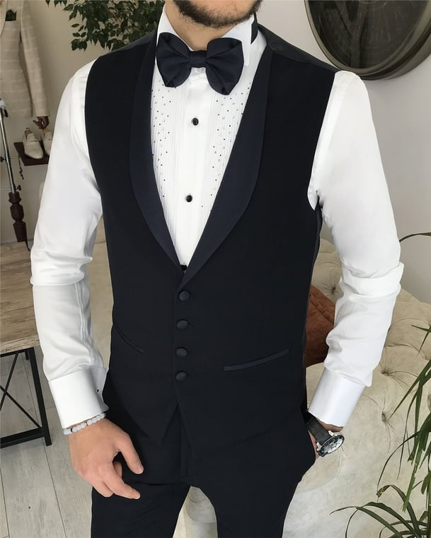 Trendy Black Shawl Lapel Wedding Suits With Waistcoat