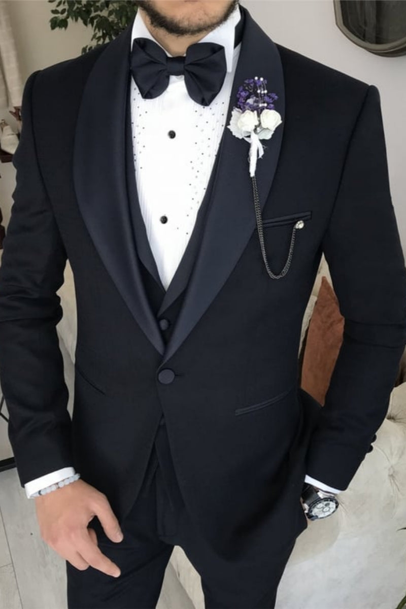 Trendy Black Shawl Lapel Wedding Suits With Waistcoat