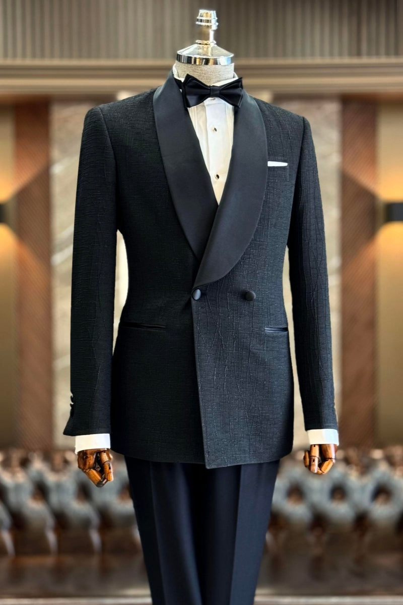 Fancy Black Jacquard Shawl Lapel Slim Fit Wedding Suits