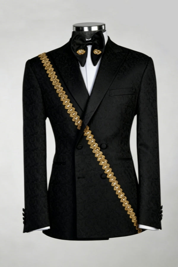 Black Jacquard Double Breasted Peaked Lapel Prom Suit With Gold Webbing