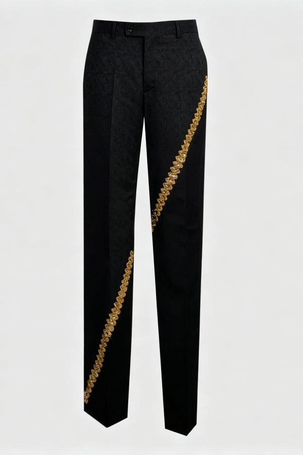 Black Jacquard Double Breasted Peaked Lapel Prom Suit With Gold Webbing