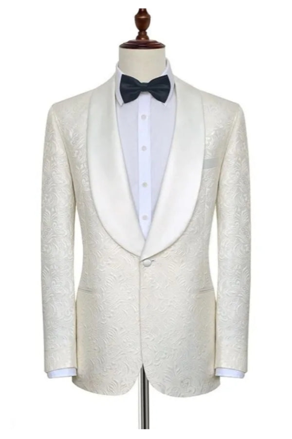 Classical White Jacquard Shawl Lapel Slim Fit Wedding Suits